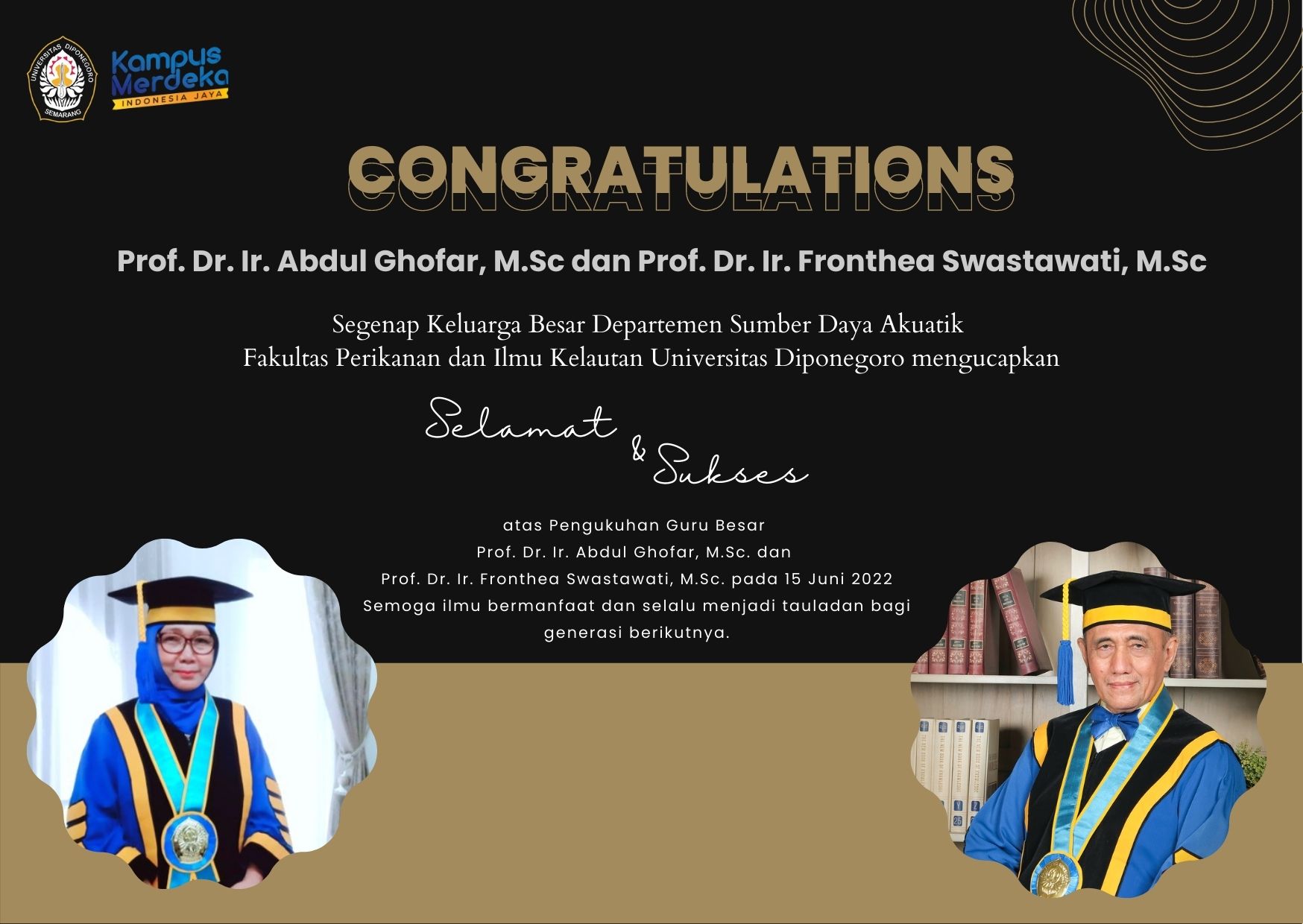 “Pengukuhan Prof. Dr. Ir. Abdul Ghofar, M.Sc. dan Prof. Dr. Ir. Fronthea Swastawati, M.Sc. sebagai Guru Besar Fakultas Perikanan dan Ilmu Kelautan Universitas Diponegoro”